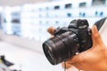 Bangkok, Thailand - Sep 21, 2018: Man using and testing the new Nikon Z7 full-frame mirrorless camera at public launch event Royalty Free Stock Photo