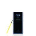 Bangkok, Thailand - Sep 10, 2018: Rear view of new Samsung Galaxy Note 9 smartphone in ocean blue color with yellow S-Pen stylus Royalty Free Stock Photo