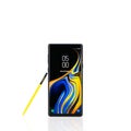 Bangkok, Thailand - Sep 10, 2018: Studio shot of the new Samsung Galaxy Note 9 smartphone in ocean blue with yellow S-Pen stylus Royalty Free Stock Photo