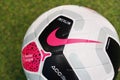 Close-Up on Nike Merlin The Ofiicial English Premier League Match Ball on the Grass o