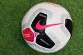 Close-Up on Nike Merlin The Official English Premier League Match Ball on the Grass Royalty Free Stock Photo