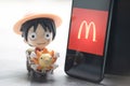 Bangkok, Thailand - September 22, 2019: Cute toy of One Piece Pirate Ship Monkey D. Luffy from McDonald`s exclusive in Thailand