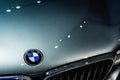 Bangkok, Thailand - September 14, 2019 : Front picture of BMW car, closeup on logo and grill of silver BMW sport car. BMW is