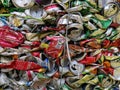 Bangkok, Thailand - September 20, 2018 : pile of old aluminum beverage cans prepare for recycle