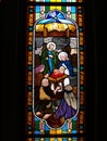 Shepherds worshiping Jesus in a stained glass window in the Assumption Cathedral. Bangkok