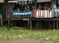 Tourists look at a dead crocodile on river