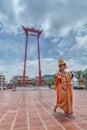 BANGKOK,THAILAND - SEPTEMBER 16,2018: Thai woman in traditional Thai costume dress show Thai dance at The Giant Swing