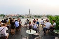 Bangkok, Thailand - September 29, 2019 : Unidentified traveler enjoying at top view bar and restaurant by the temple of dawn or Wa