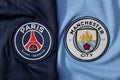 View of PSG Paris Saint Germain Against Manchester City Football Logo on Jersey