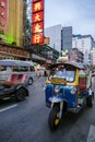 Bangkok Thailand traffic rush hour in the city at dusk evening, Bangkok cityscape traffic tuk tuk