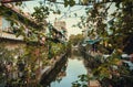 Wooden houses on olr riverbanks with rustic streets of historical asian capital