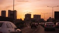 Bangkok traffic with a lot of cars on express way during beautiful sunset. Thailand 22/05/18