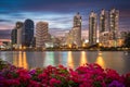 Bangkok twilight, Business building with light and reflection, view from Benjakitti park