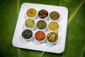 Bangla Cuisine Vorta, vaji, fish curry and vegetables curry platter. Royalty Free Stock Photo