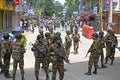 Bangladesh army soldiers are patrolling following a curfew in Dhaka.