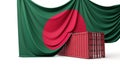 Bangladesh flag draped over a commercial trade shipping container. 3D Rendering