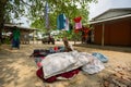 Bangladesh - May 19, 2019: A Rural village Businessman selling cloth and products to hang up on the tree trunk, Meherpur,