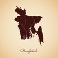 Bangladesh region map: retro style brown outline.
