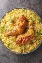 Bangladeshi spicy roast chicken served with aromatic pilaf close-up in a plate. Vertical top view