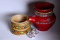 Bangle, nettle and beautiful pot made of clay for indian festival Karva Chauth