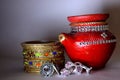 Bangle, nettle and beautiful pot made of clay for indian festival Karva Chauth