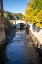 Bangor, ME - USA - Oct.12, 2021: Vertical view of the Kenduskeag Stream, a tributary of the Penobscot River, passing through