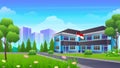 Indonesian Secondary education school building with green lawns, grass and trees cartoon Illustration Royalty Free Stock Photo