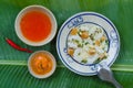 Banh Beo in Phan Thiet style. Banh Beo commonly calls Bloating Fern-shaped cake in English. It is kind of rice cake in small size Royalty Free Stock Photo