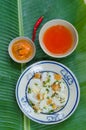 Banh Beo in Phan Thiet style. Banh Beo commonly calls Bloating Fern-shaped cake in English. It is kind of rice cake in small size Royalty Free Stock Photo