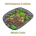 Banh cuon, vietnamese steamed rice noodle roll, vietnamese popular breakfast food. Isolated vector illustration Royalty Free Stock Photo