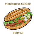 Banh mi. Classical sandwich with sliced grilled pork tenderloin, shredded carrots and peeled cucumbers, jalapeno peppers and