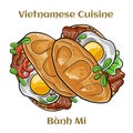 Banh mi. Classical sandwich with sliced grilled pork tenderloin, shredded carrots and peeled cucumbers, jalapeno peppers and