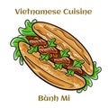 Banh mi. Classical sandwich with sliced grilled pork tenderloin, shredded carrots and peeled cucumbers, jalapeno peppers and