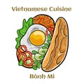 Banh mi. Classical sandwich with sliced grilled pork tenderloin, shredded carrots and peeled cucumbers, jalapeno peppers and