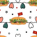 Banh mi seamless pattern background with hearts and Flag of Vietnam. Vietnamese style of sandwich. Hand drawn Asian food