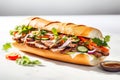 Banh Mi, Vietnamese sandwich made with a French baguette, pickled vegetables and meat, AI generative