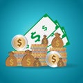 Sacks with dollar symbol on them, green dollar paper banknotes and gold coins in pile, finance or banking concept Royalty Free Stock Photo
