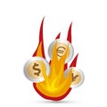Dollar, euro and yen coins burning Royalty Free Stock Photo