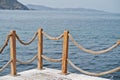 Banister railing on marine rope and wood Turkey Mediterranean sea