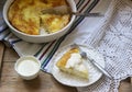 Banitsa, a traditional Bulgarian or Balkan filo pastry pie stuffed with feta cheese, sour milk and eggs. Rustic style