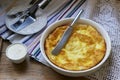 Banitsa, a traditional Bulgarian or Balkan filo pastry pie stuffed with feta cheese, sour milk and eggs. Rustic style