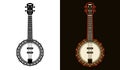 Banjo musical instrument two styles black on white and colorful on dark background vector illustration