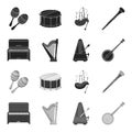 Banjo, piano, harp, metronome. Musical instruments set collection icons in black,monochrome style vector symbol stock