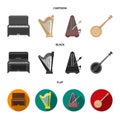 Banjo, piano, harp, metronome. Musical instruments set collection icons in cartoon,black,flat style vector symbol stock Royalty Free Stock Photo