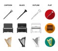 Banjo, piano, harp, metronome. Musical instruments set collection icons in cartoon,black,outline,flat style vector Royalty Free Stock Photo