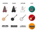 Banjo, piano, harp, metronome. Musical instruments set collection icons in cartoon,black,outline,flat style vector Royalty Free Stock Photo