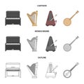 Banjo, piano, harp, metronome. Musical instruments set collection icons in cartoon,outline,monochrome style vector