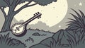 Banjo by Tree in Moonlit Forest, Musical Night Scene, vector design Generative AI Royalty Free Stock Photo