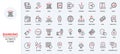 Bank account, finance, accounting analysis service and analytics red black thin line icons set