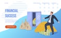 Bank account landing page financial success business man on stack cash money dollar vector isometric